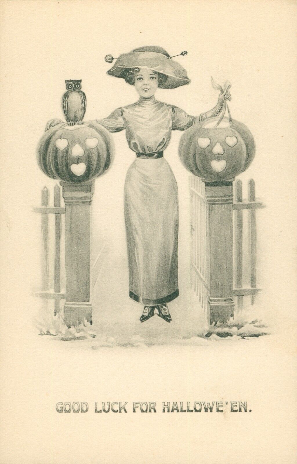 Gottschalk 2662 Good Luck Halloween Sepia Postcard~Antique~Lady~JOL~Owl~c1912