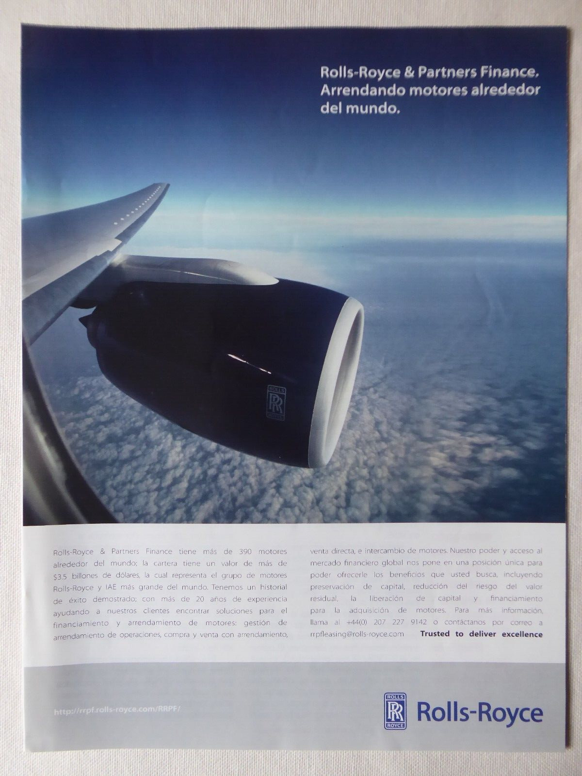 10/2012 PUB ROLLS-ROYCE TRENT AIRCRAFT ENGINE IAE ORIGINAL SPANISH AD