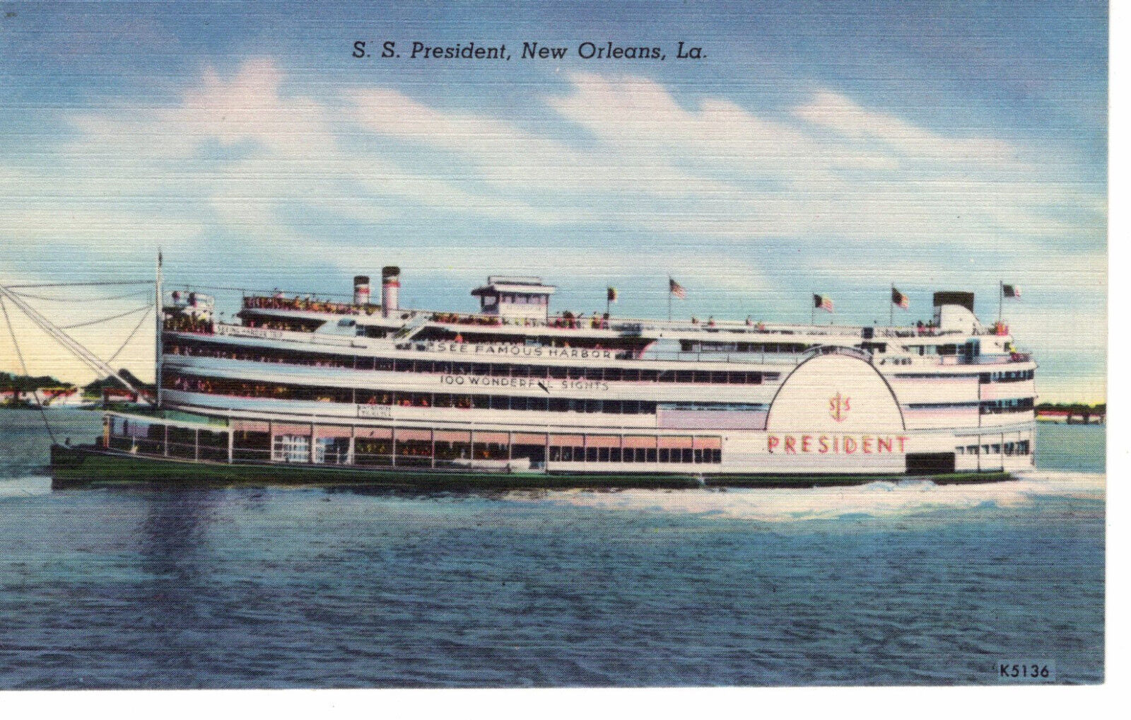 Vintage Postcard LA S. S. President Boat Water -507