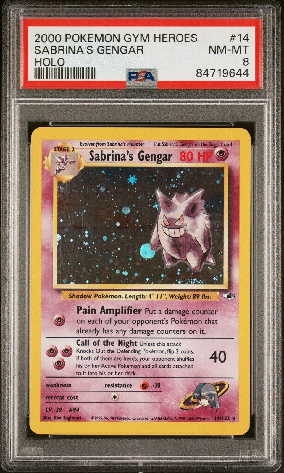 2000 Pokemon Sabrina\'s Gengar #14 Holo English Gym Heroes Unlimited PSA 8