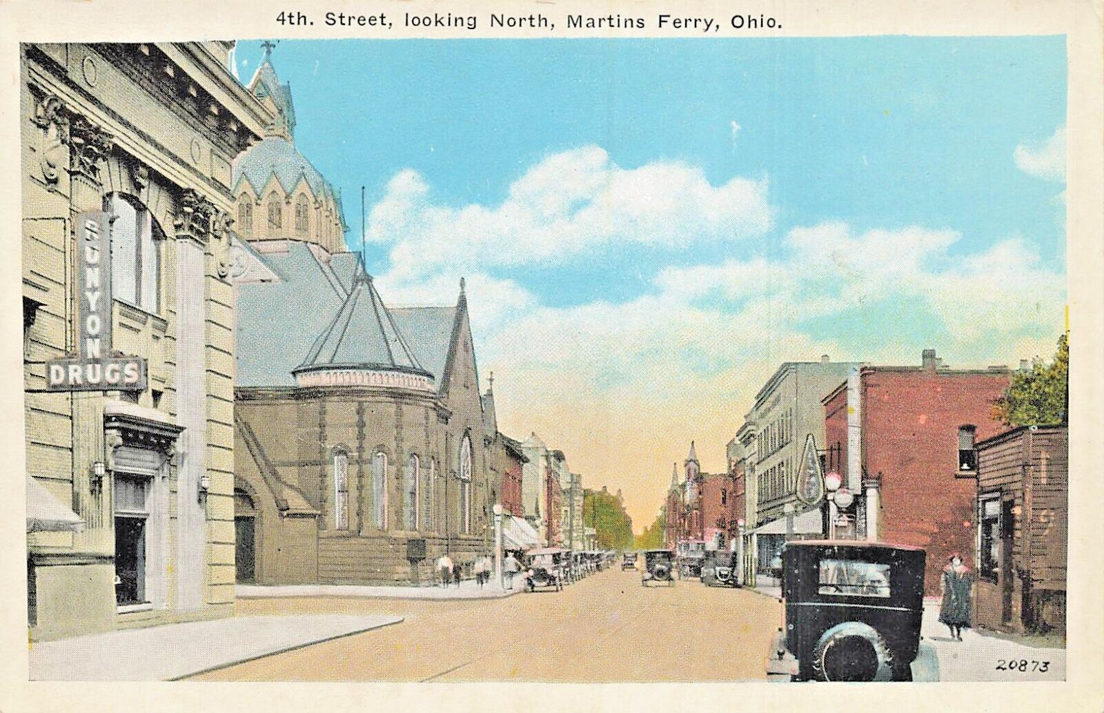 MARTINS FERRY OHIO~4TH STREET NORTH-RUNYON DRUG STORE-CHURCH~1920 POSTCARD