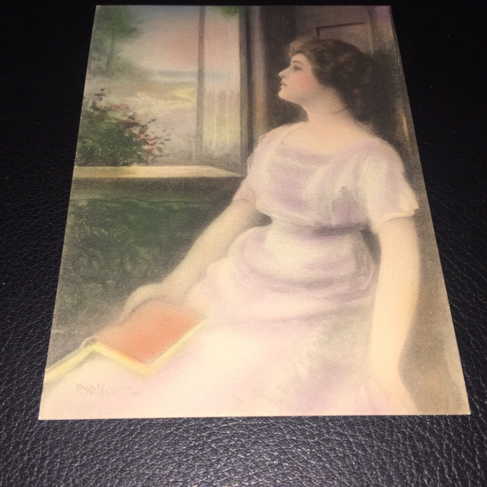 VICTORIAN F.R. HARPER 1880’s GIRL HOLDING A BOOK, LOOKING OUT A WINDOW CARD