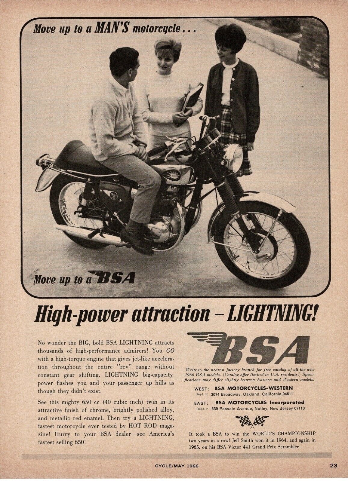 1966 BSA 650cc Lightning Motorcycle Vintage Ad 