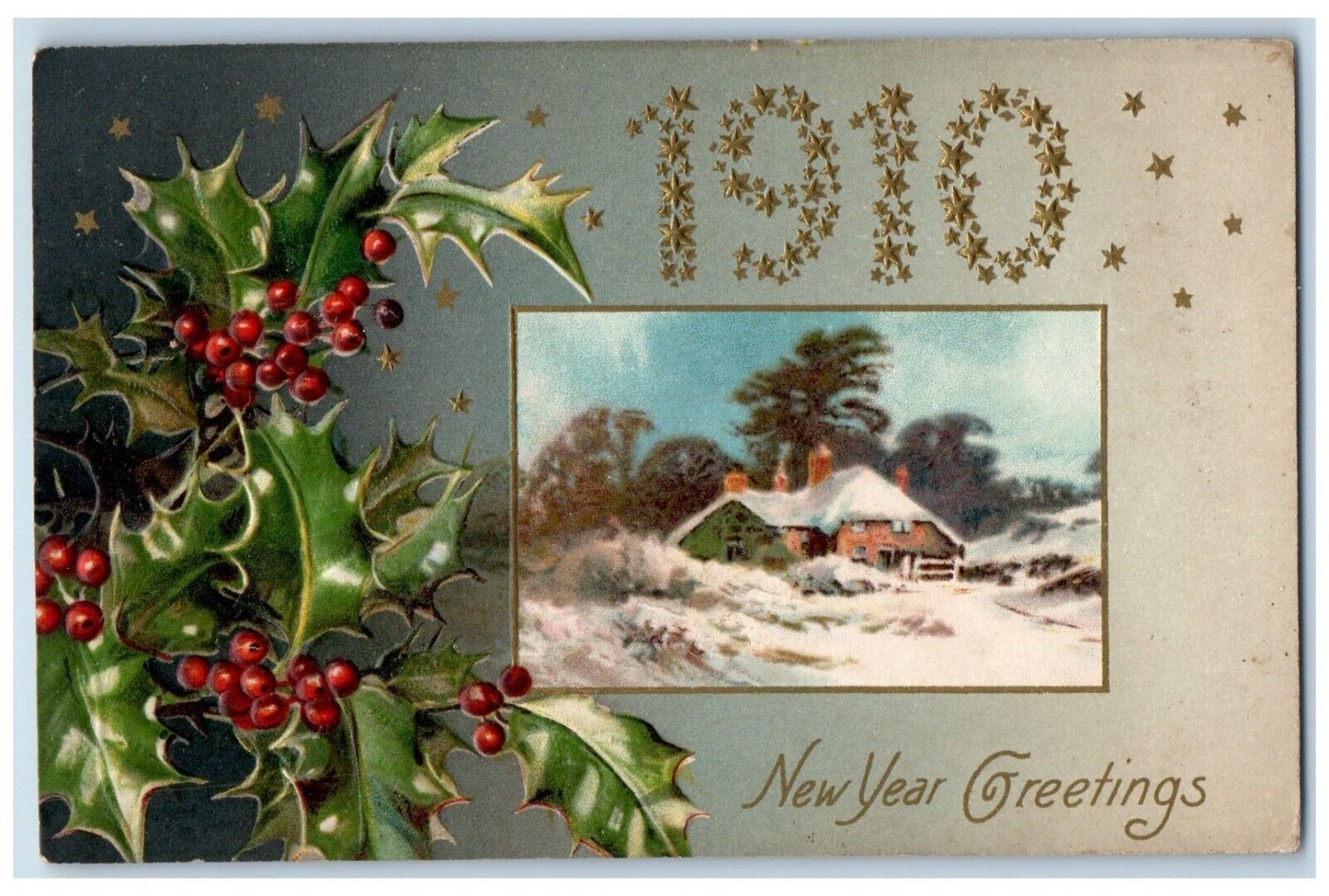 1910 New Year Greetings Holly Berries House Winter Winsch Back Embossed Postcard