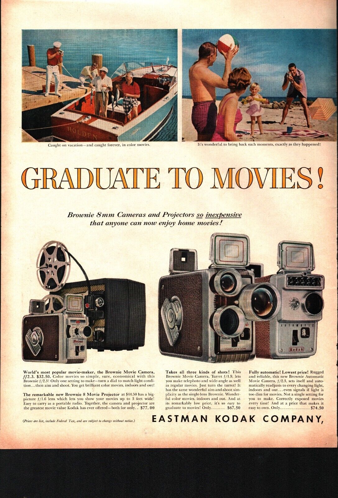 Vintage 1959 Kodak Cine 8mm Automatic Movie Camera beach boat  Print Ad