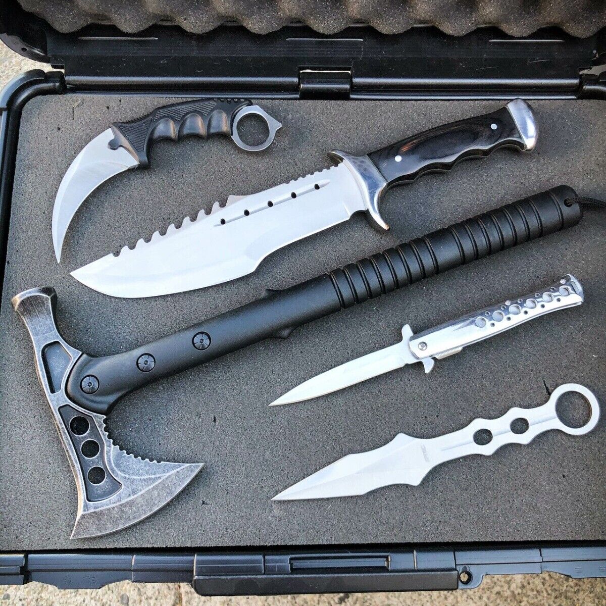 5PC Silver Tactical Hunting Camping Tomahawk Fixed Blade Axe Pocket Knife Set