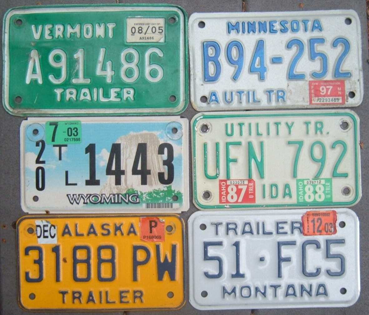 Lot of 6 MOTORCYCLE style trailer License plates   Alaska Vermont WY MN Idaho MT