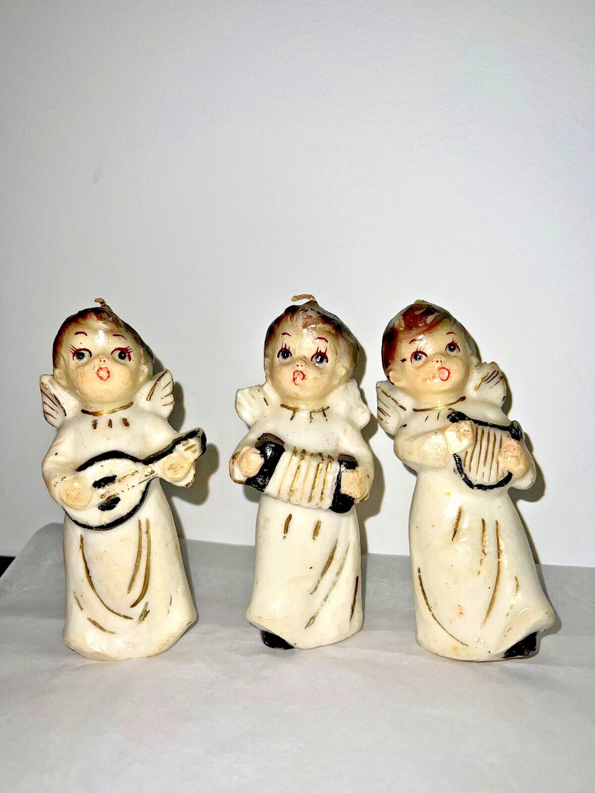 SET OF THREE Vintage SANYO Christmas Candles ANGELS MUSICIANS Japan HAND PAINTED