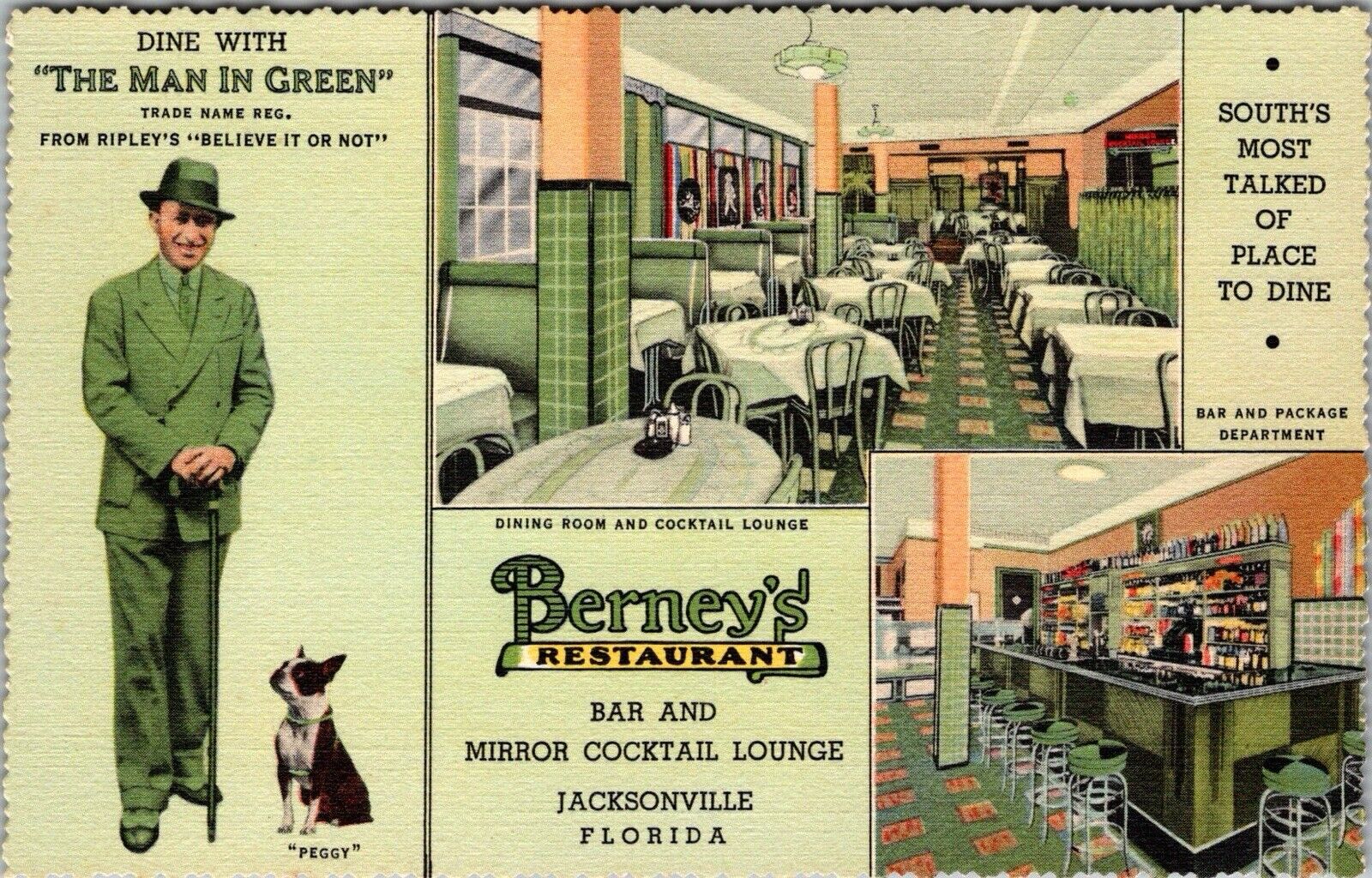 Berney\'s Restaurant Bar Cocktail Lounge Jacksonville Florida c1940 Postcard JB24