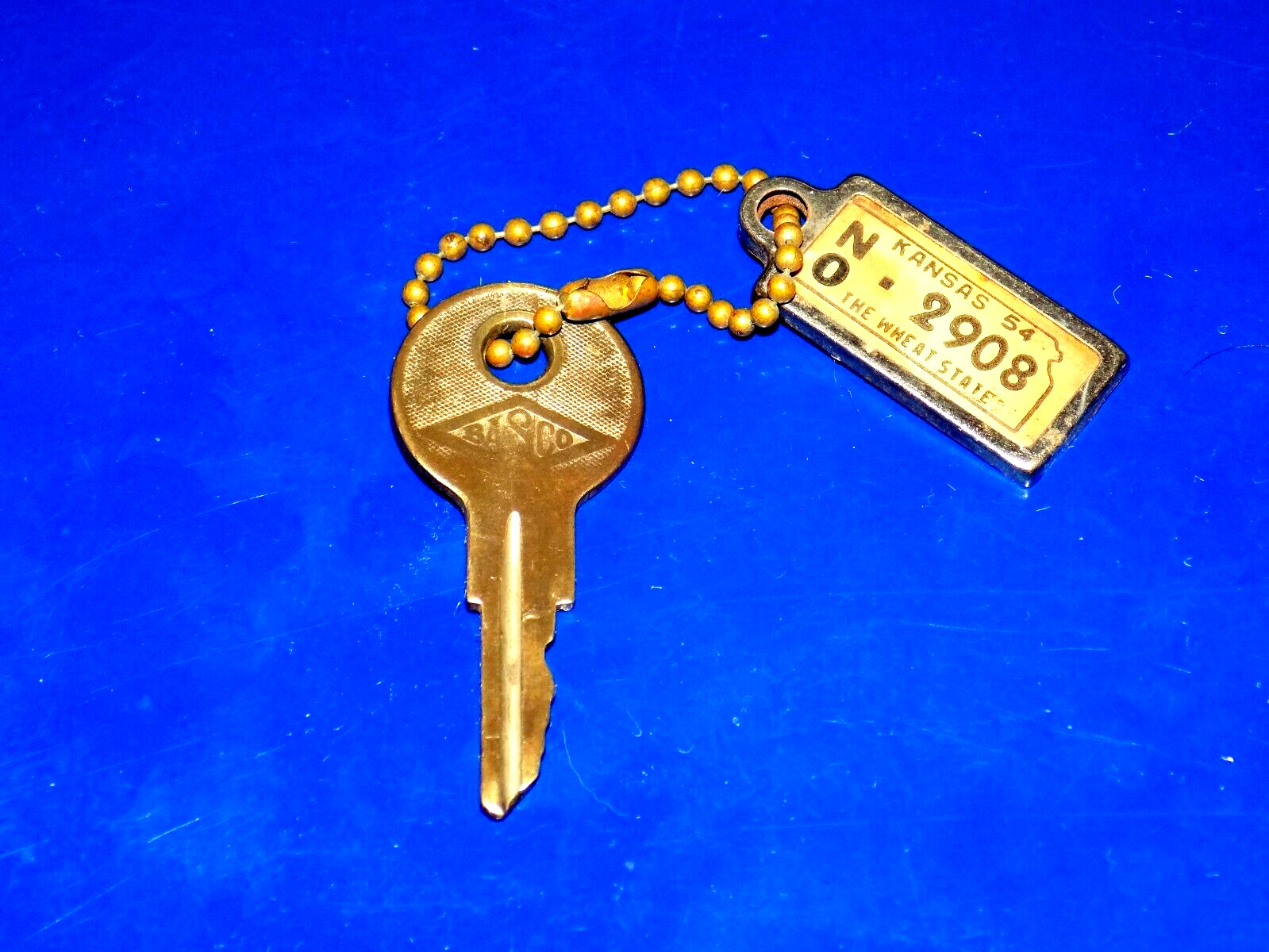 Vintage BASCO #C1699 Early Automobile Key w/1954 Kansas DAV License Tag Keychain