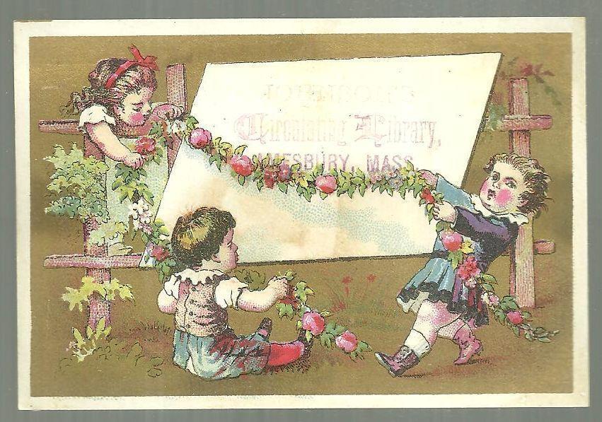 Johnson\'s Circulating Library Children and Garland Victorian Trade Card