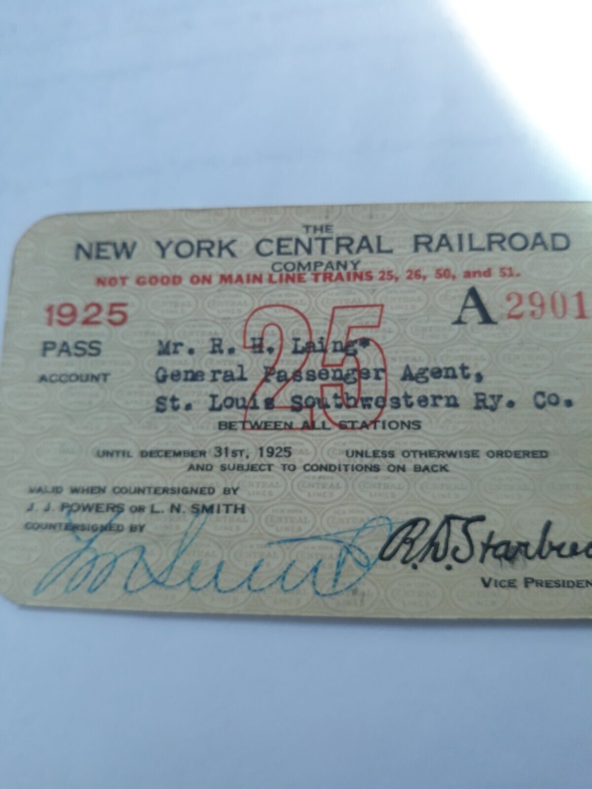1925 New York Central Railroad Pass