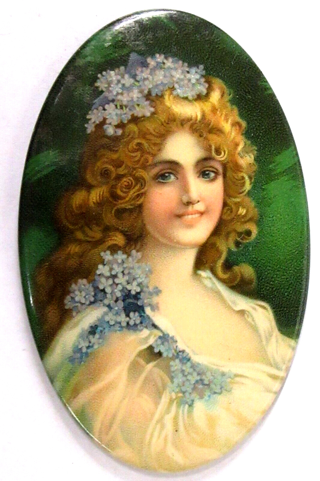 1890s PRETTY LADY holding blue flowers non-advertising celluloid pocket mirror ^