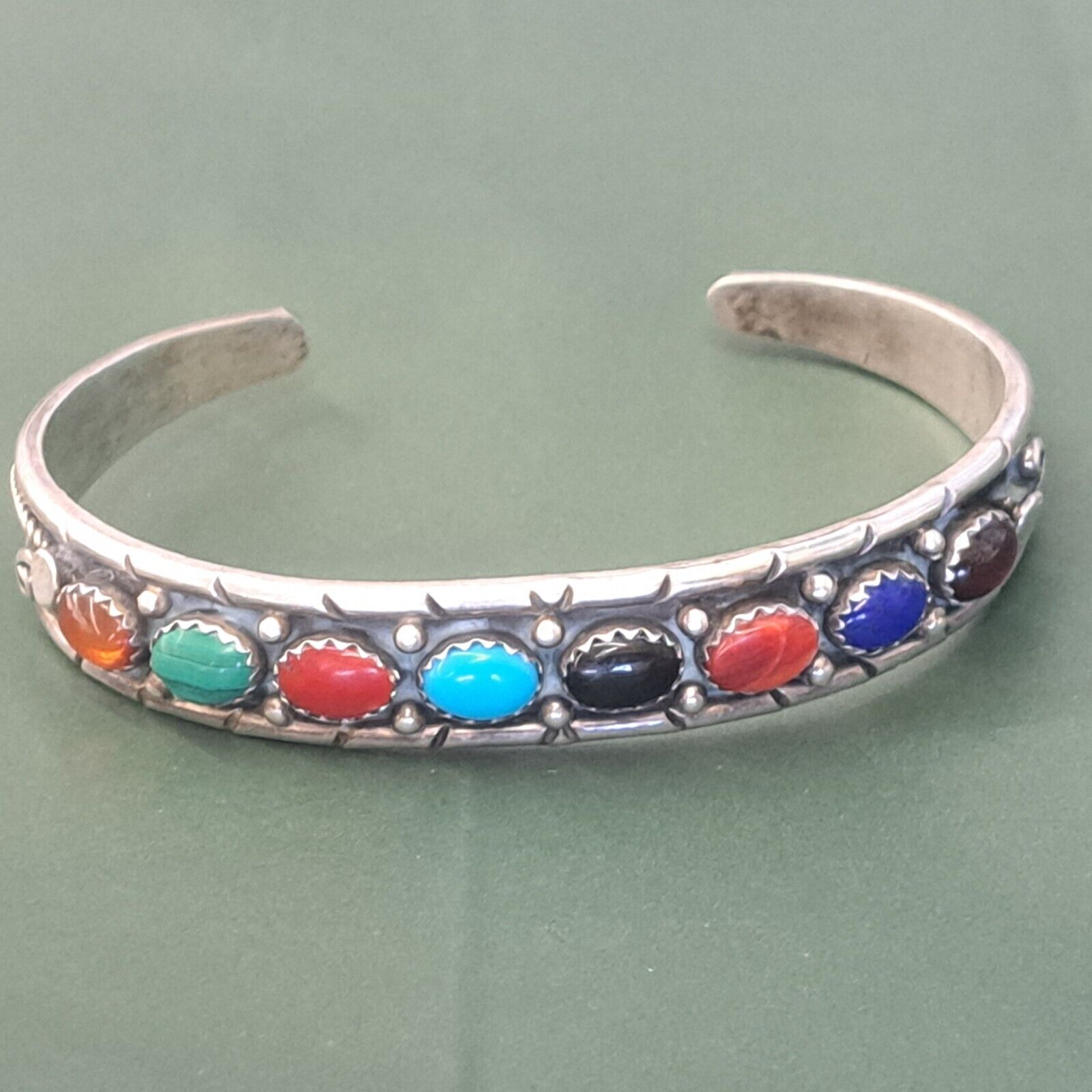 Russell Sam Navajo Sterling Turquoise Red Coral Multicolor Cluster Row Bracelet