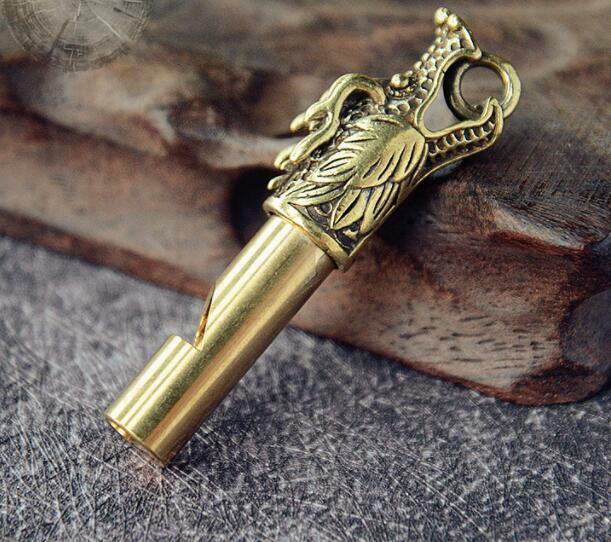 2Pc Brass Dragon Statue Whistle Keychain Pendant Men Outdoor Survival Whistle