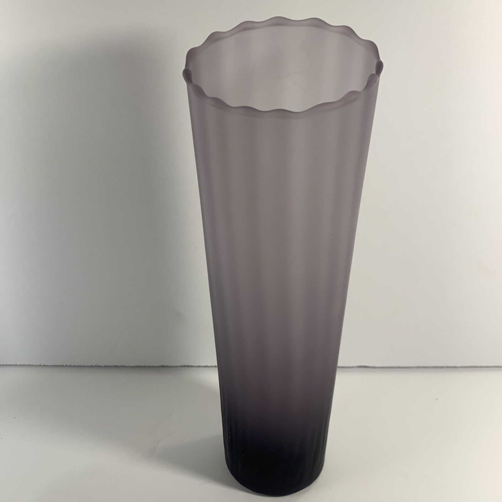 Mid Century Frosted Glass Purple Hombre Vase~8.5”~Outstanding~Ribbed~Asymetrical