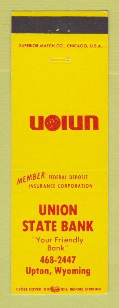 Matchbook Cover - Union State Bank 76 oil gas Upton WY