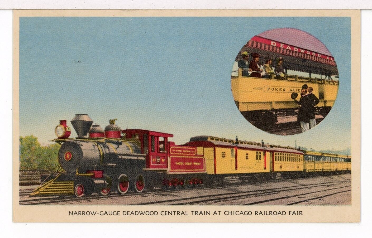1948 Deadwood Central N.G. Train @ Chicago Railroad Fair IL Fair Cancel Postcard