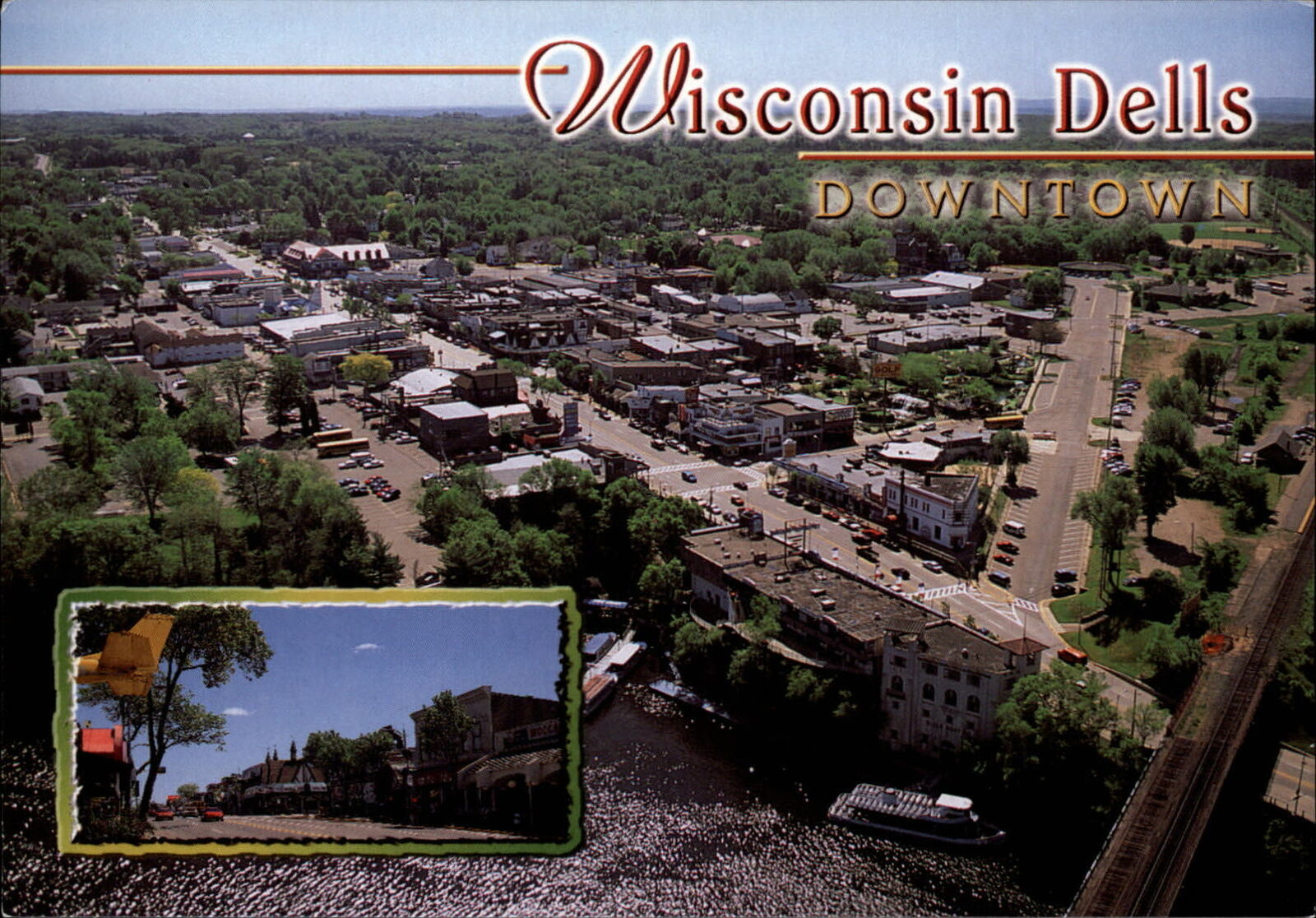 Wisconsin Dells WI downtown shopping area aerial view & inset vintage postcard
