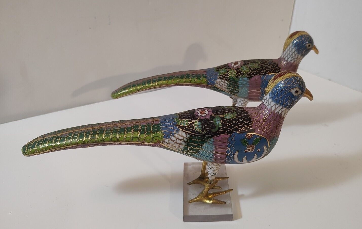 VTG Pair Of Chinese Cloisonne Long Tailed Bird Figurines 9x6 Made In Bejing