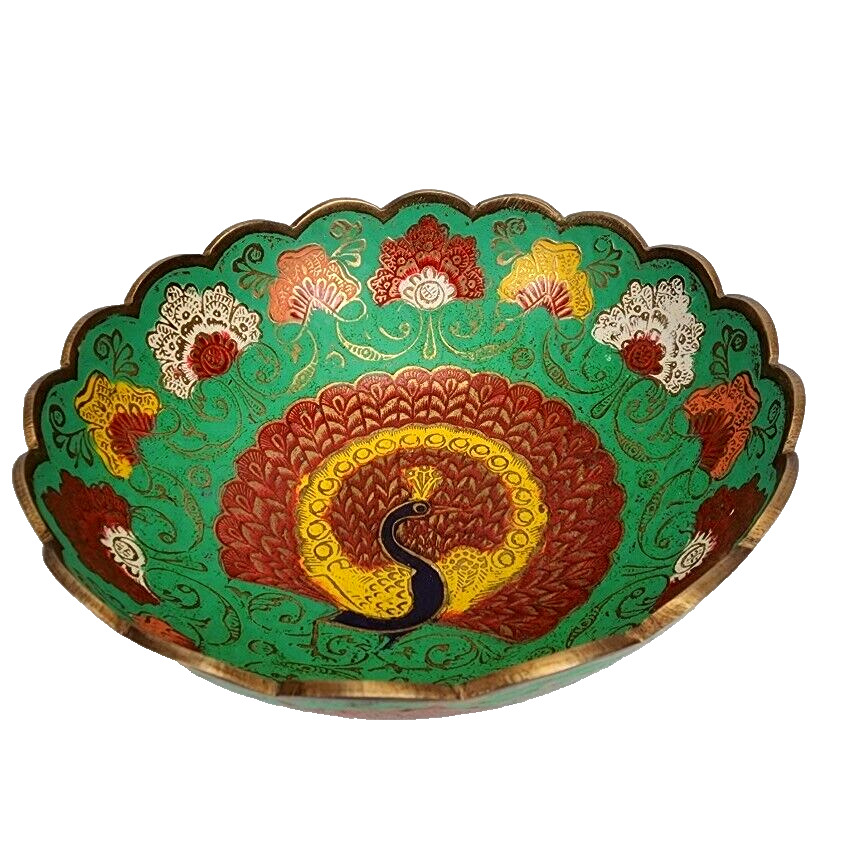 Indian Brass Peacock Dish Enamel Etched Footed Scalloped Green Enamel 6.25\