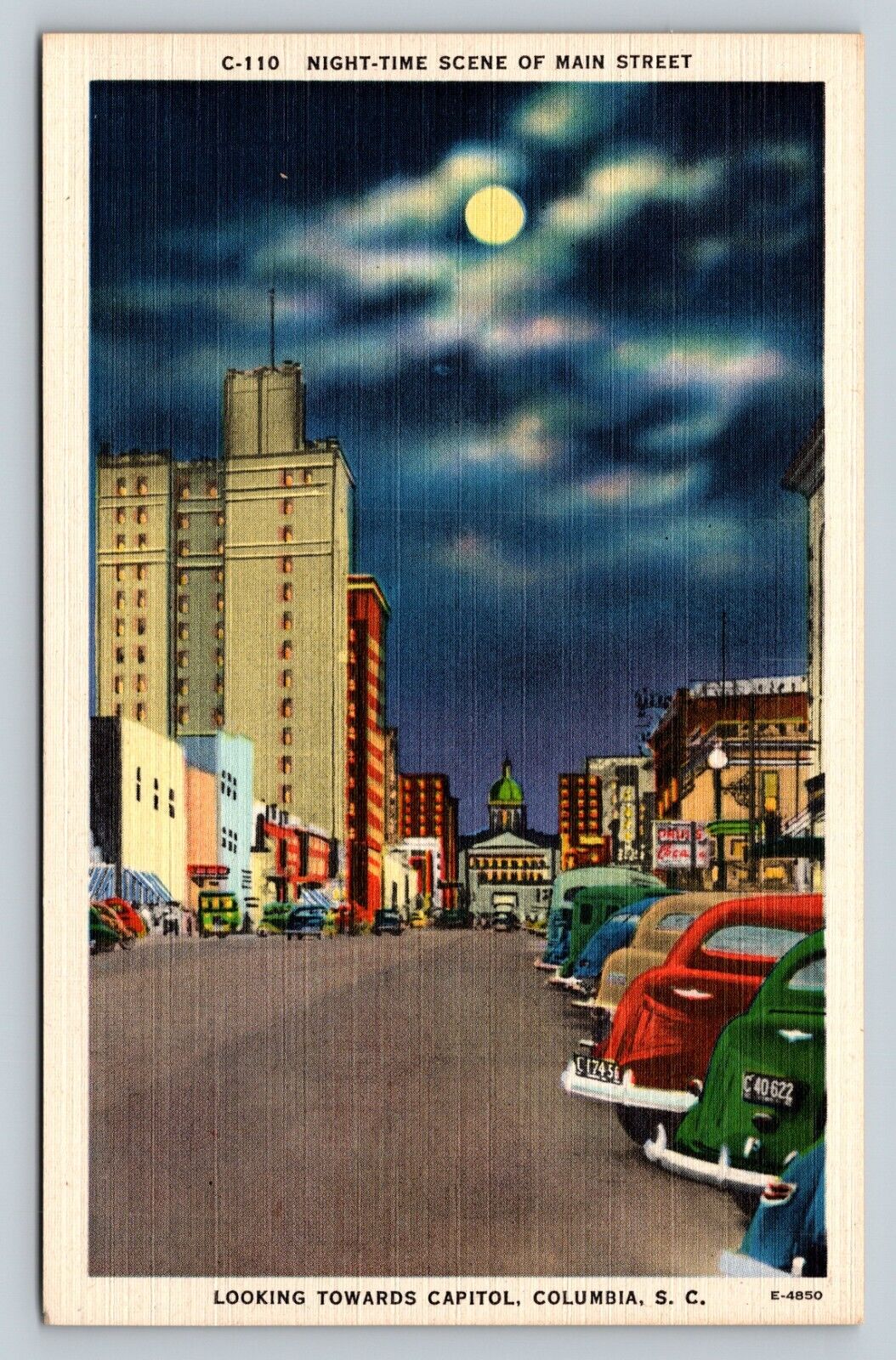 Columbia South Carolina SC Nighttime Main Street Facing Capitol VINTAGE Postcard