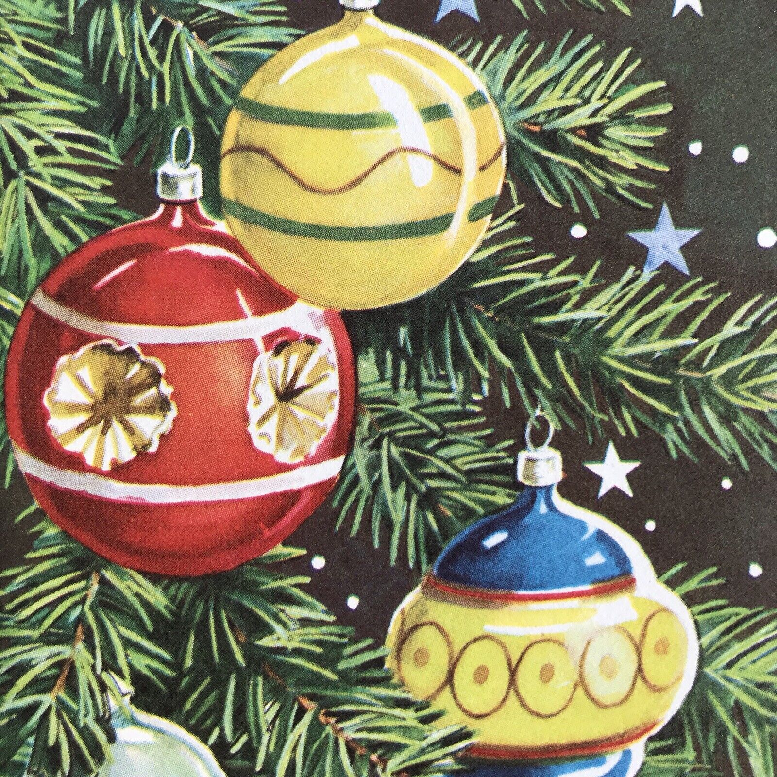 Vintage Mid Century Christmas Greeting Card Ornaments Bulbs Stars In Tree