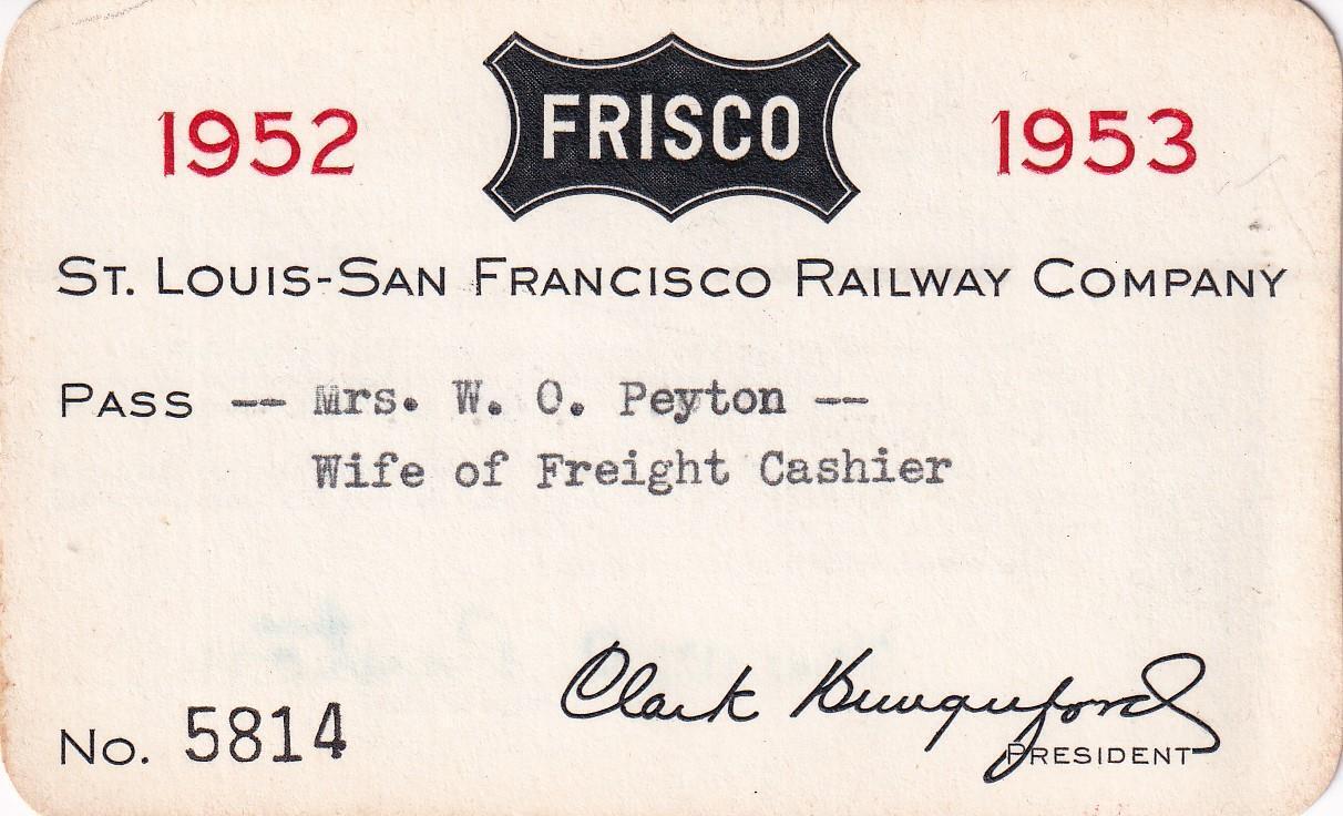 1952-1953 SLSF St. Louis San Francisco Railway pass