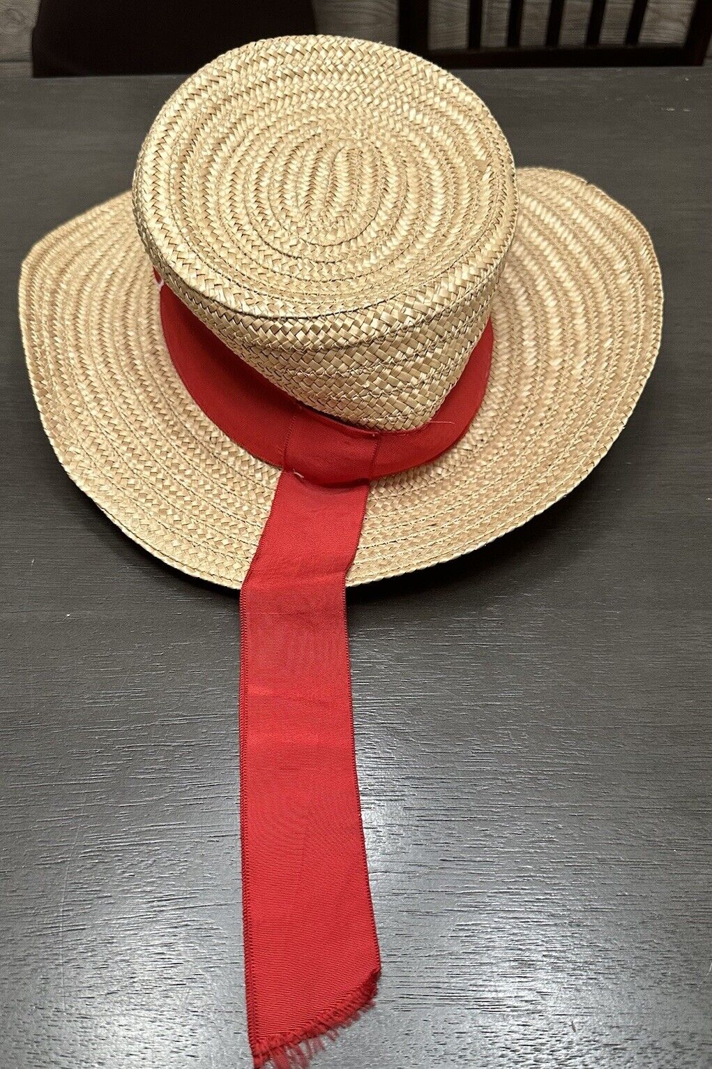 VINTAGE Italian Gondolier 100% Natural Straw VENEZIA Hat w/Red Ribbon ~ Size 59