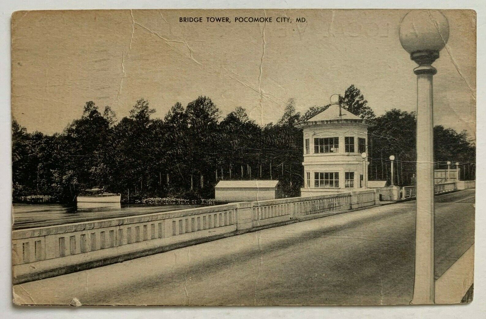 1947 MD Postcard Pocomoke City Maryland Bridge Tower roadway river boat Mayrose