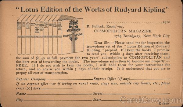 Advertising Order Card for the Lotus Edition of the Works of Rudyard Kipling,Cos
