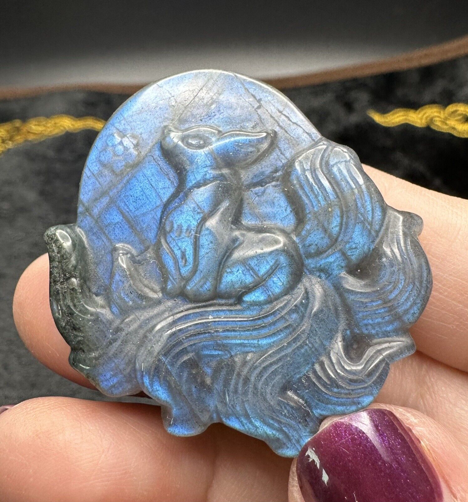Nine Tailed Fox Labradorite Crystal Carving Blue Sheen 