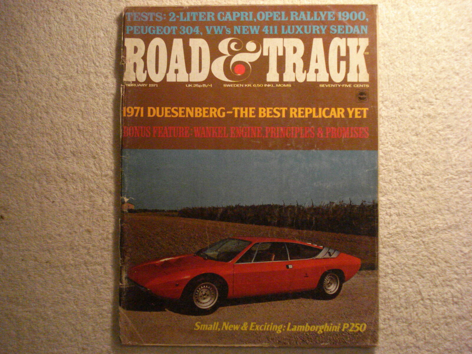 Road & Track February 1971 Mercury Capri VW 411 Opel Peugeot 1971 Duesenberg 