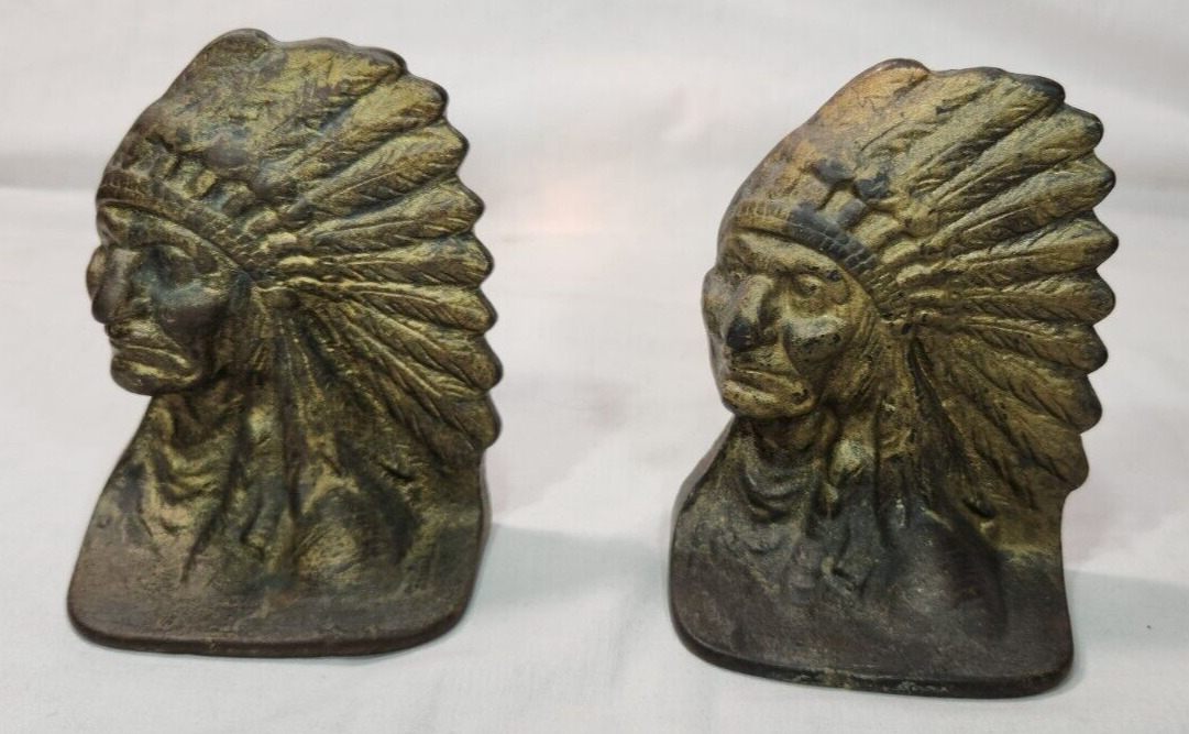 Antique Cast Iron Native American Chief Head Book Ends