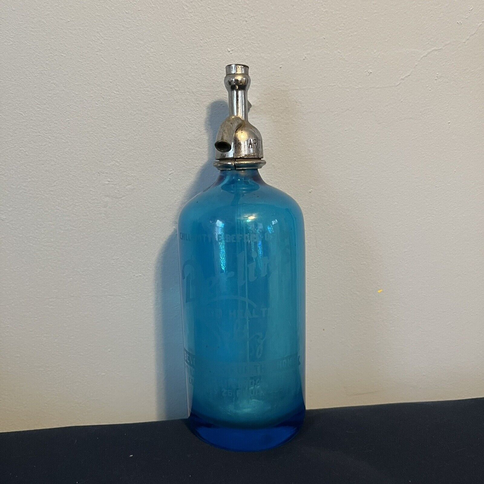 Antique Arthur Arty Berlin\'s Good Health Blue Seltzer Bottle Brooklyn NY Etched