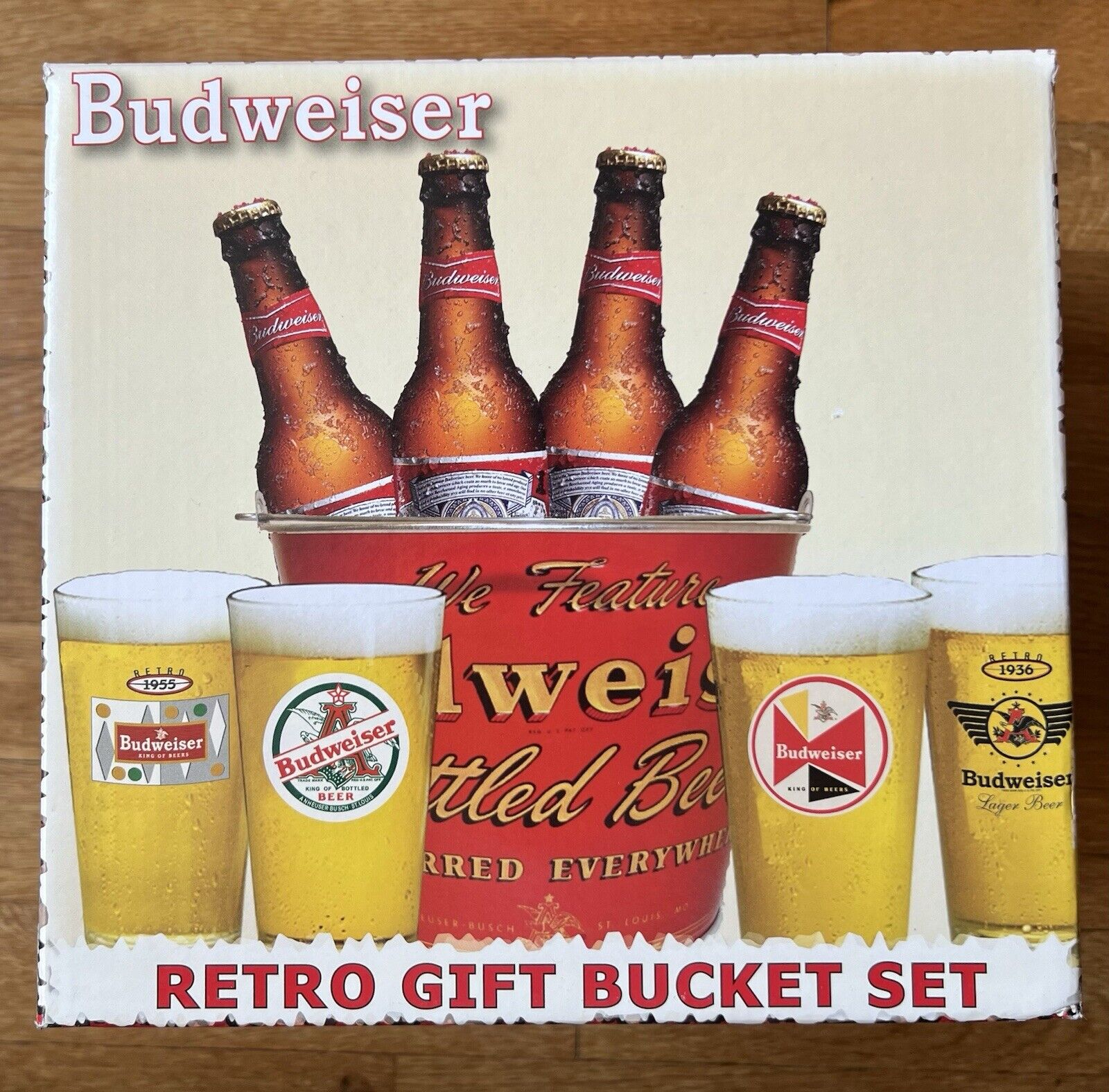 Authentic Budweiser Tin Beer Ice Bucket w/4 Glasses Retro Gift Bucket Set Unused