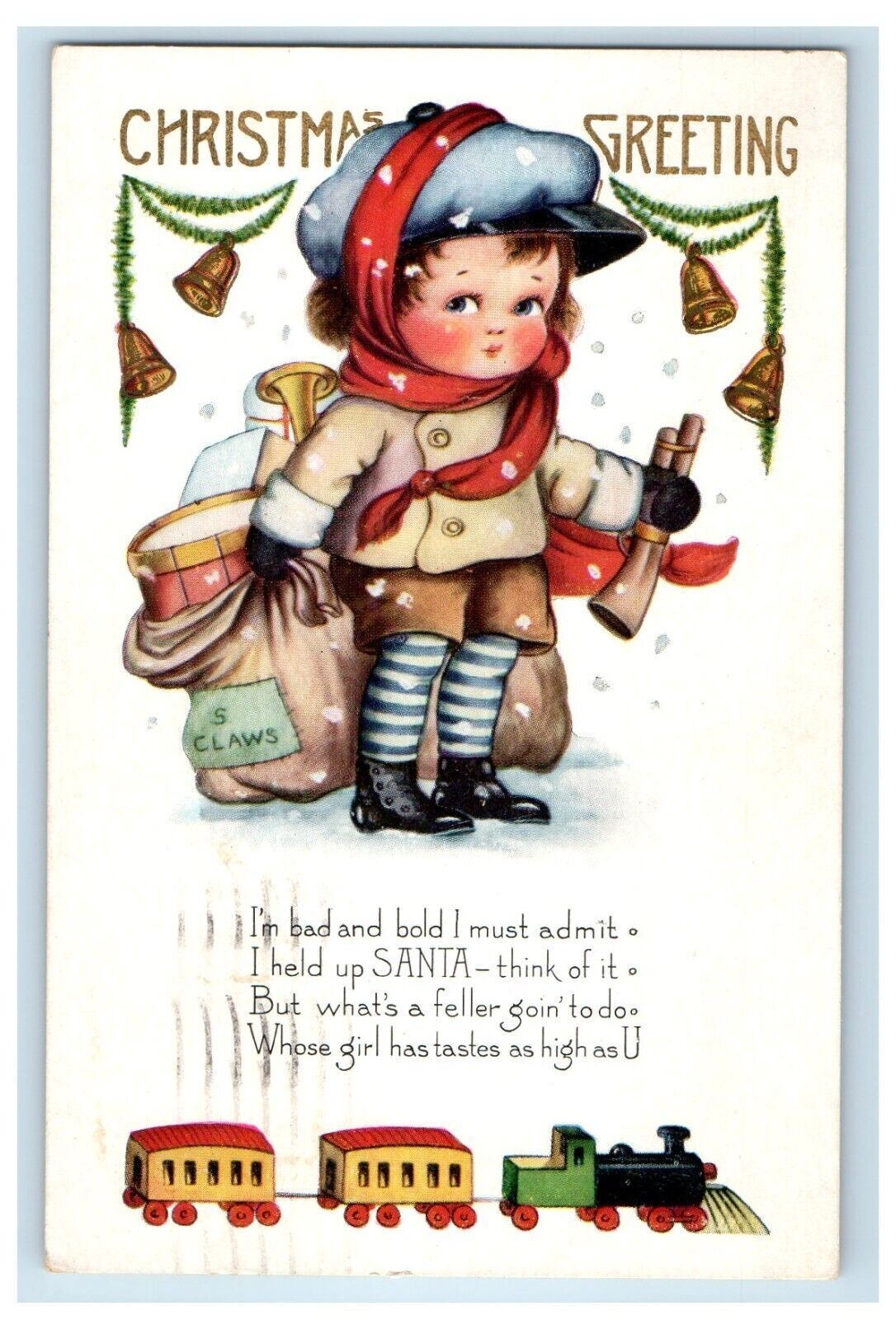 1921 Christmas Greetings Little Boy With Toys And Train Embossed Postcard