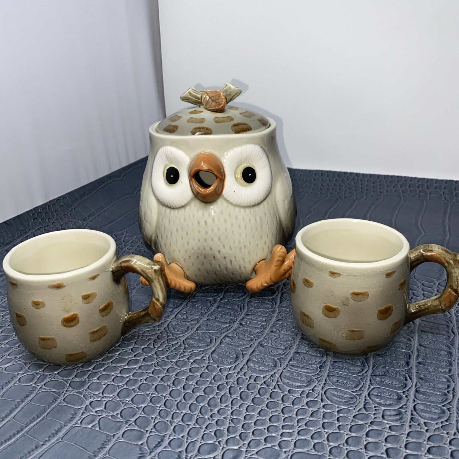 MCM 1978 Fitz & Floyd Spotted Owl Teapot & Tea Cup Set With FF Tags Attached