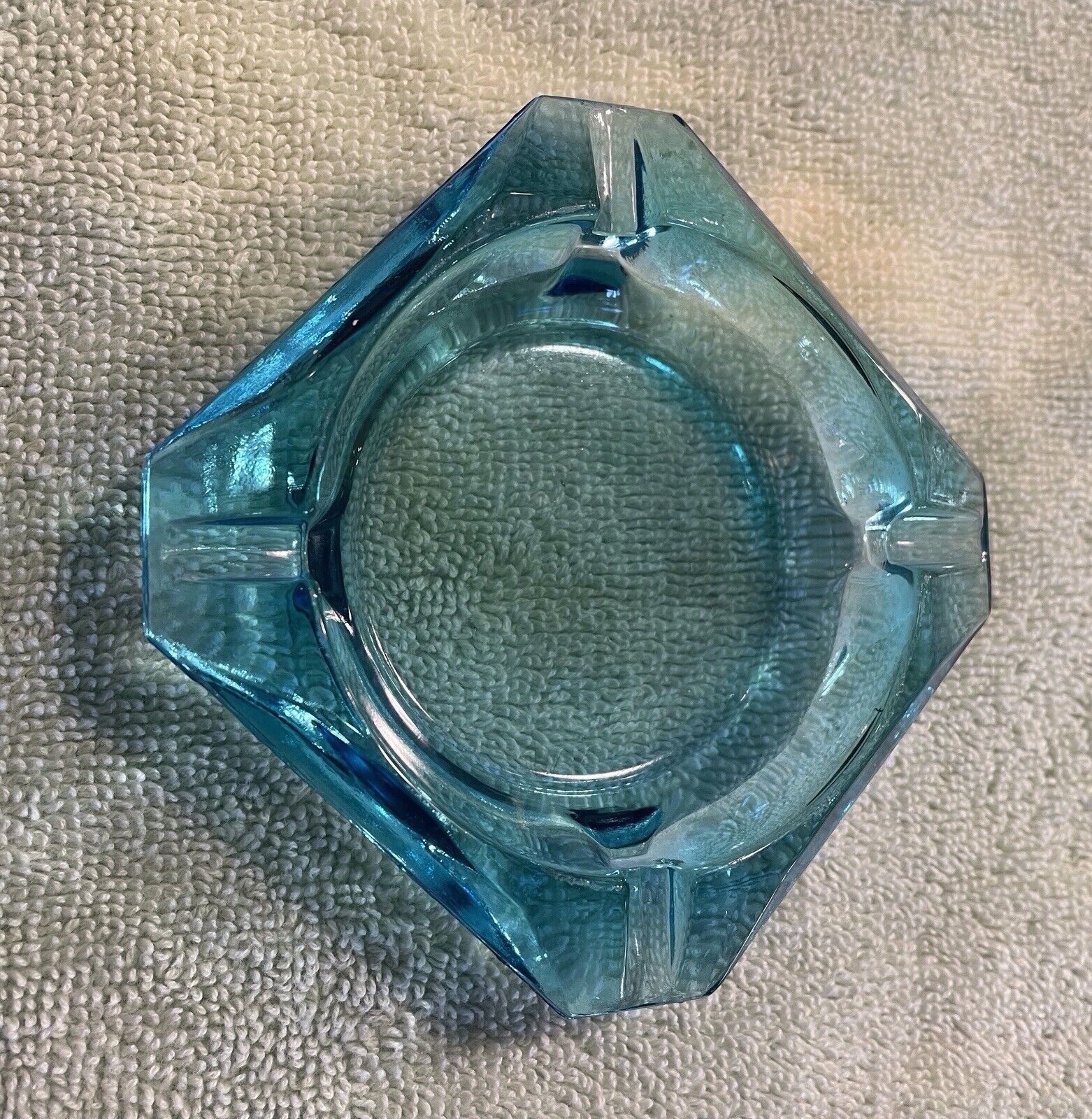 Vintage MCM Bright Blue Square Glass Ashtray 3.5”