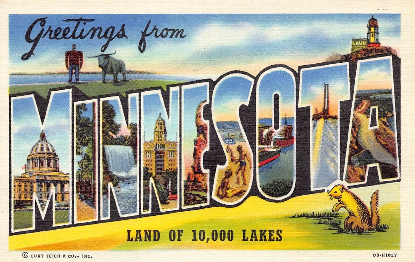 Minnesota MN Land Of 10,000 Lakes Greetings From Large Letter Linen OB-H1027 PC