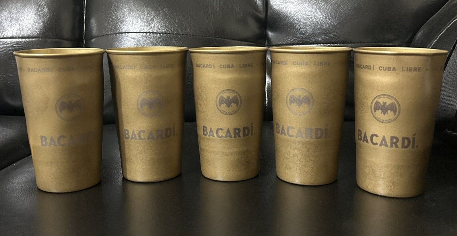 Set of 5- Bacardi Cuba Libre Gold Aluminum Cups, Rum, Bat Logo New.