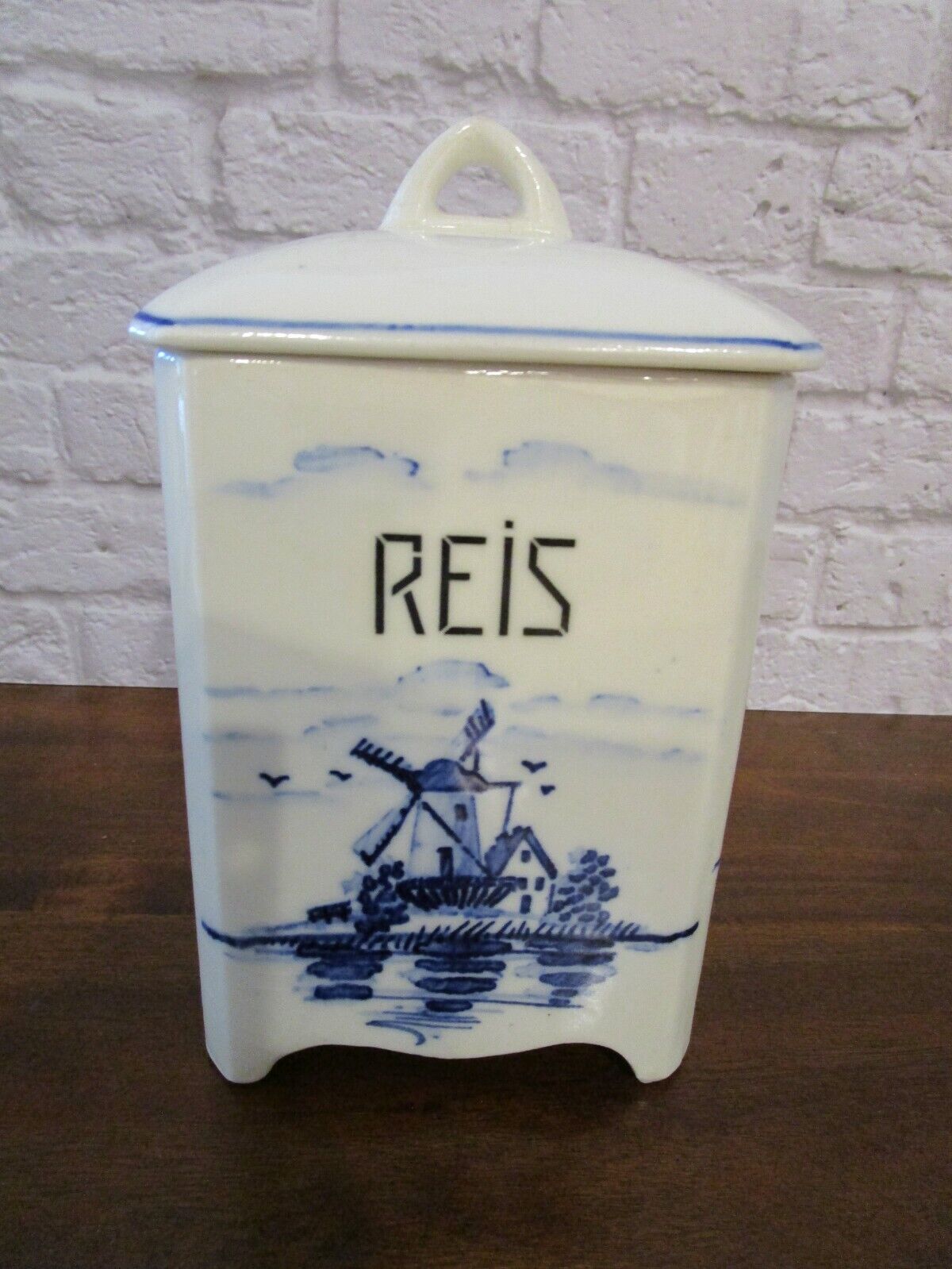 Vtg Antique Handmade Reis Rice German Dutch Blue Canister Jar