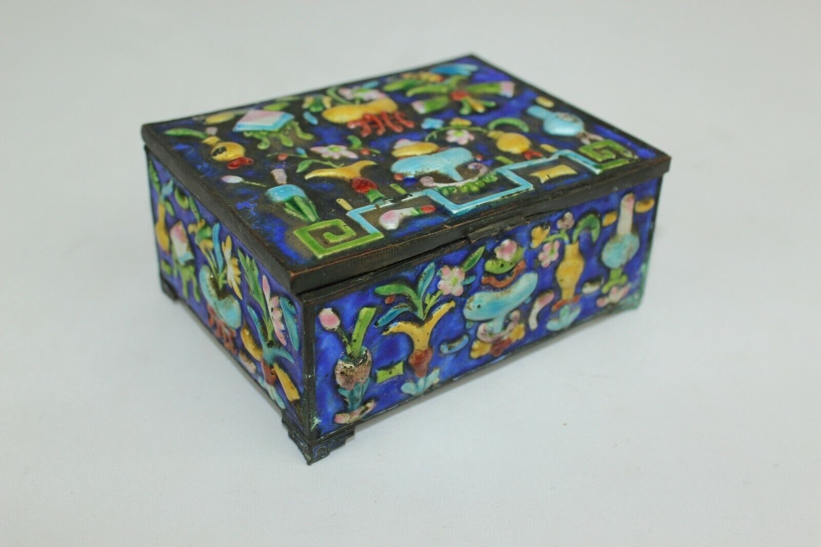 Vintage China Export Brass and Colored Enamel Wood Metal Box