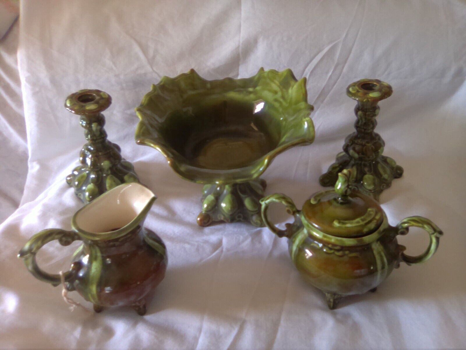 Lot of 6 Vintage Green Table Pieces 5 are made by Loma and Fruit Bowl by Mullins