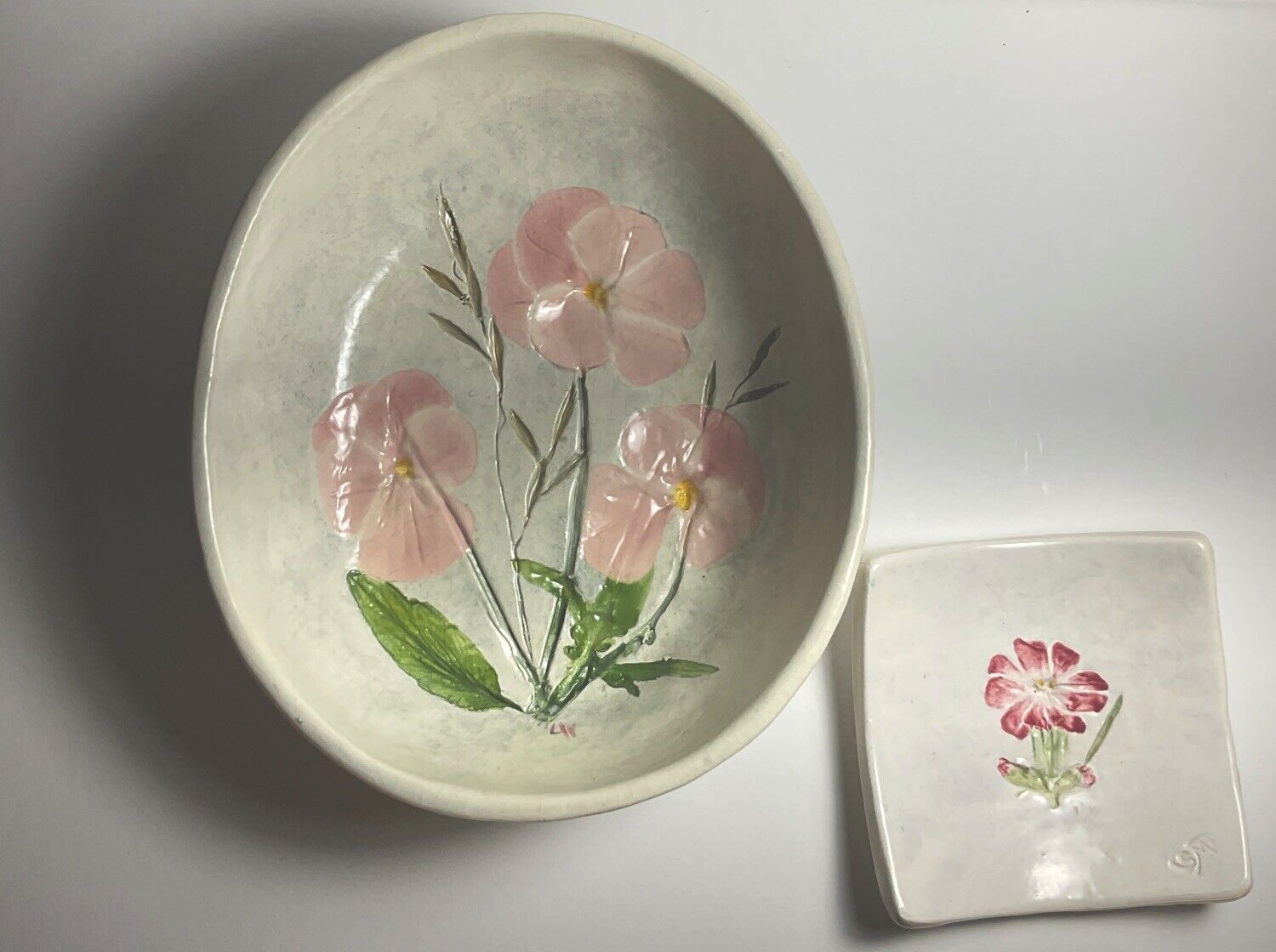 Salt Marsh Pottery Bowl And Trinket Dish Pink Impressed Flowers
