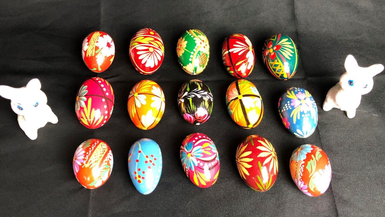 Pysanky (Pisanki) Handpainted Polish Wooden Easter Eggs - 15 Eggs PLUS 2 Bunnies