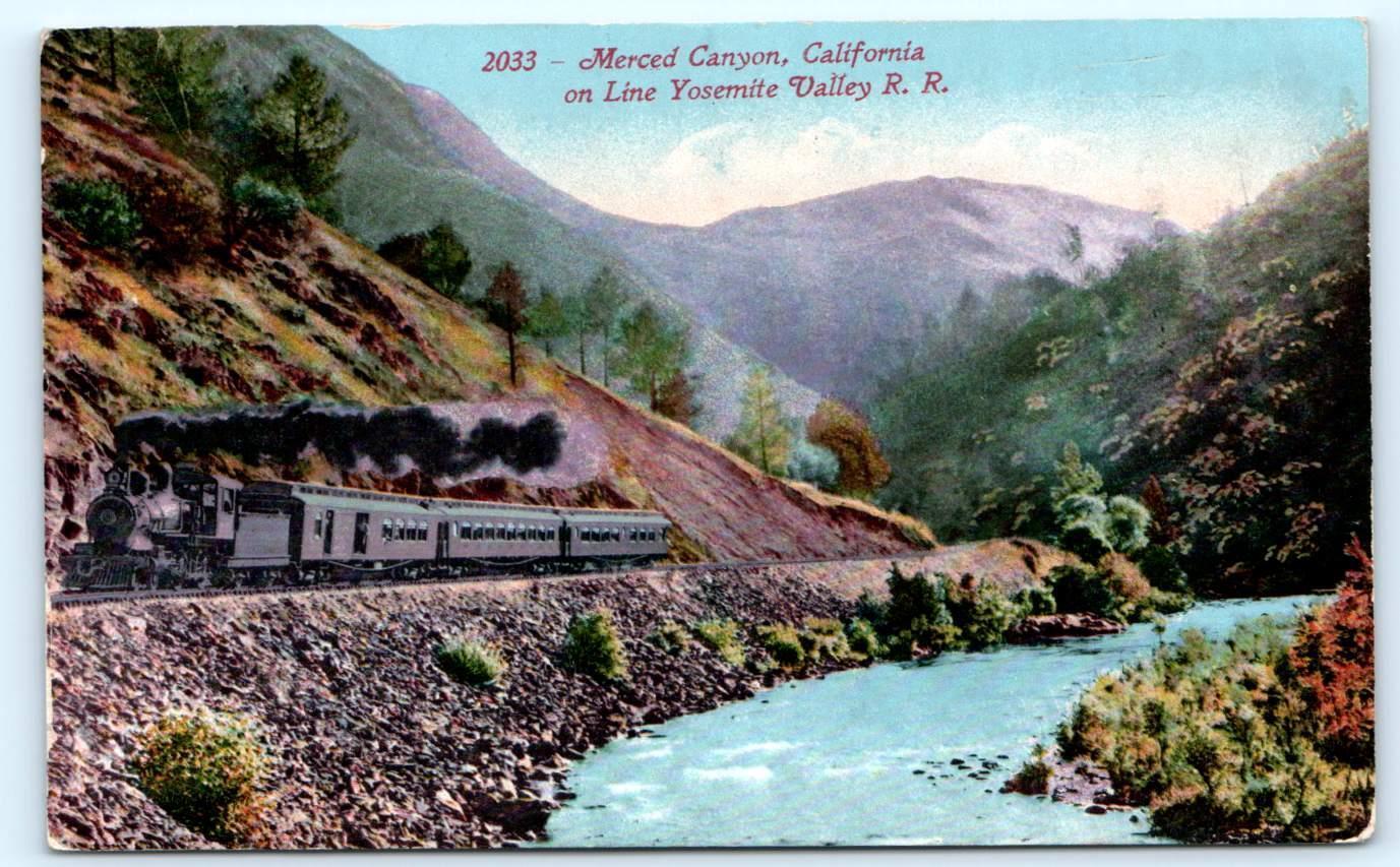 MERCED CANYON, CA California ~ YOSEMITE VALLEY RAILROAD Train 1911 Postcard