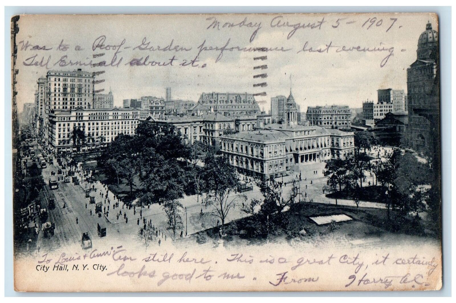 1907 City Hall New York City Buildings Downtown Crowd Railway Street NY Postcard