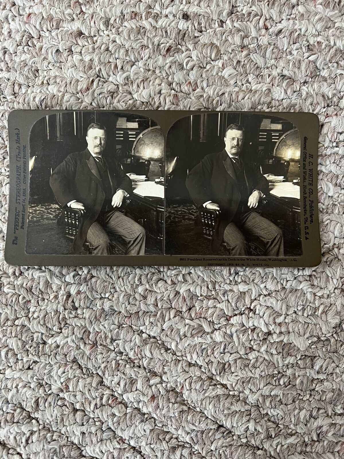 Vintage PRESIDENT T. ROOSEVELT AT DESK IN WHITE HOSE STEREO VIEW CARD 