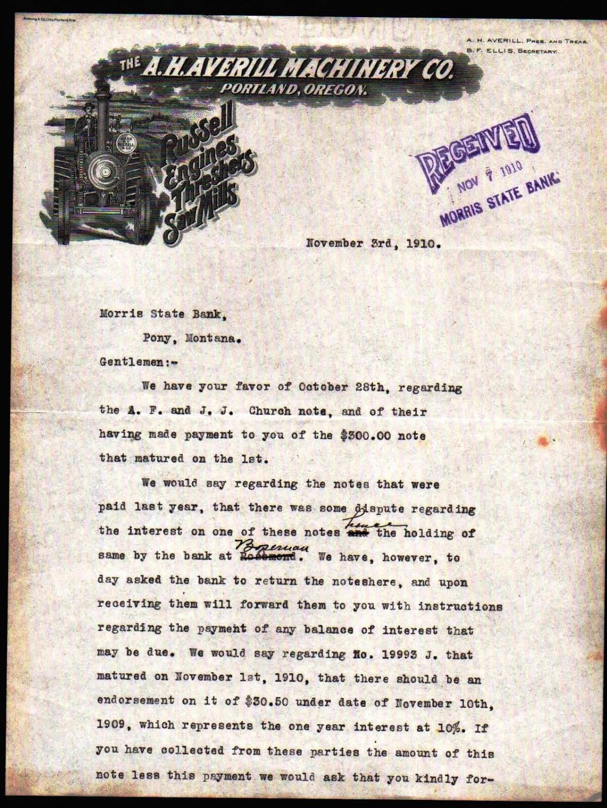 1910 Portland Or  A H Averill Machinery Co Russell Engines Threshers Letter Head